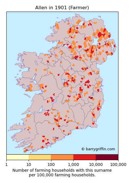 ALLEN Farmer Surname Map in 1901}