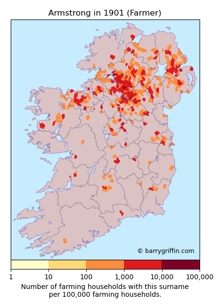 ARMSTRONG Farmer Surname Map in 1901}