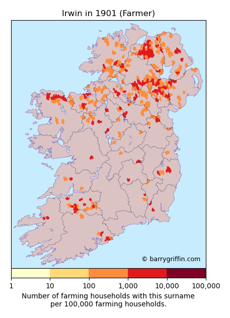 IRWIN Farmer Surname Map in 1901}