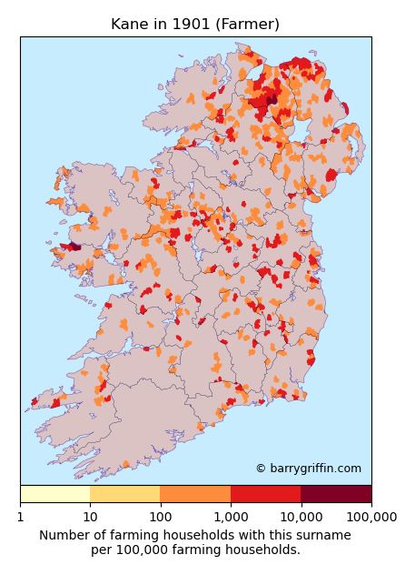 KANE Farmer Surname Map in 1901}