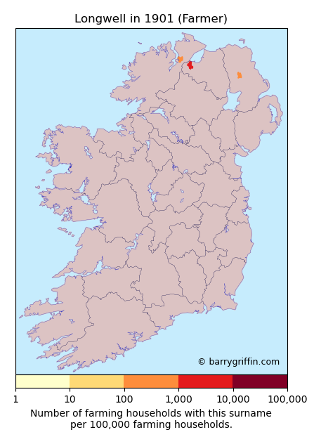 LONGWELL Farmer Surname Map in 1901