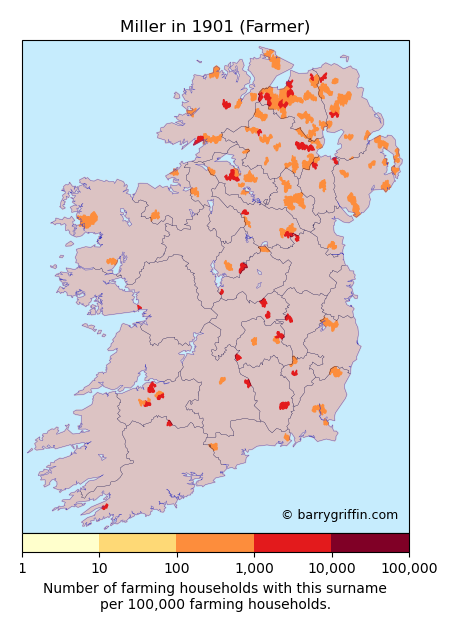 MILLER Farmer Surname Map in 1901