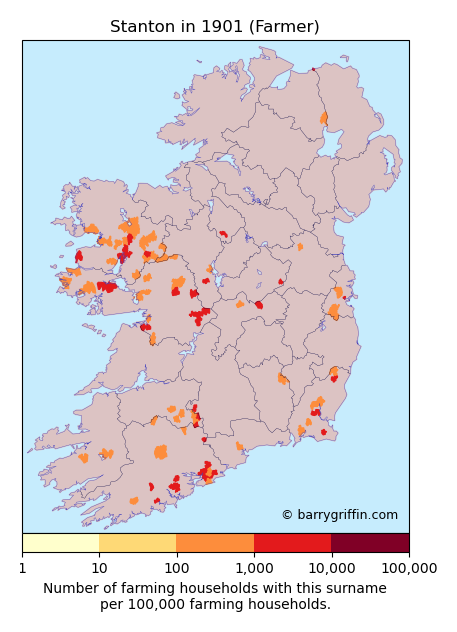 STANTON Farmer Surname Map in 1901