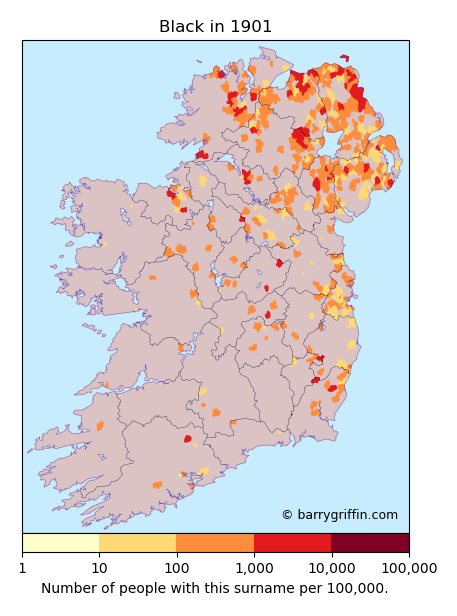 BLACK Surname Map in Irish in 1901