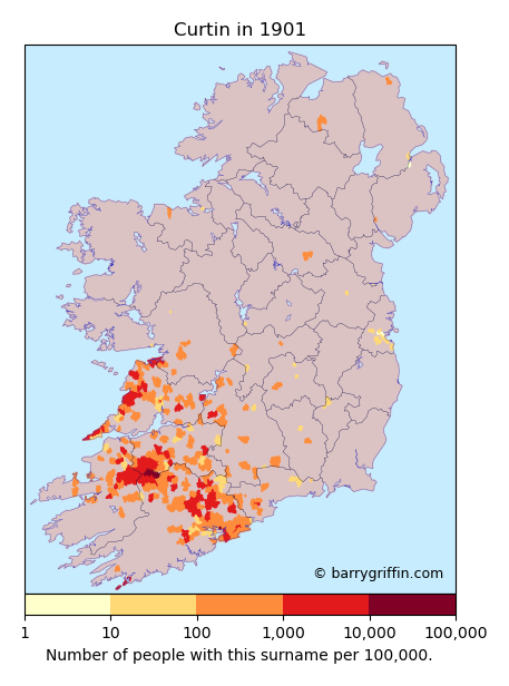 CURTIN Surname Map in Irish in 1901