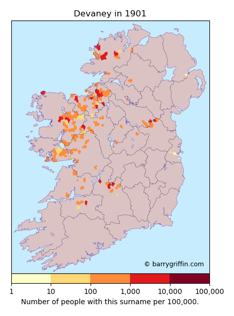DEVANEY Surname Map in Irish in 1901