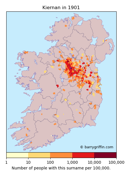 KIERNAN Surname Map in Irish in 1901