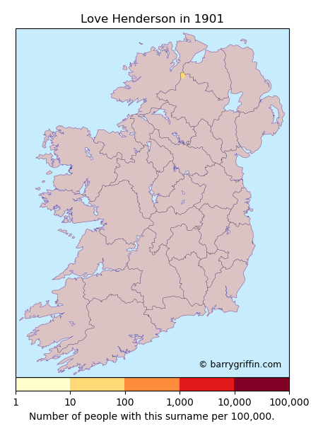 LOVEHENDERSON Surname Map in Irish in 1901