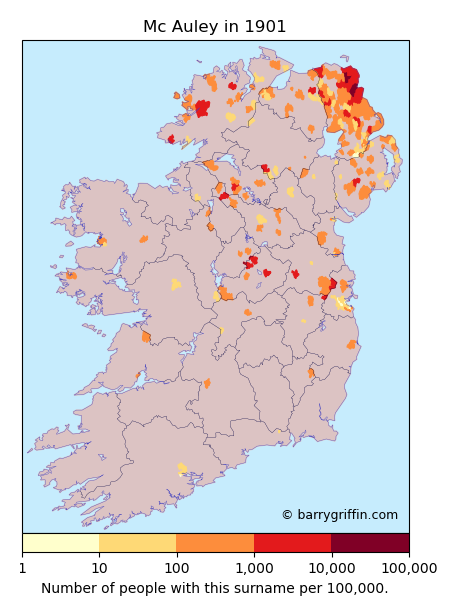 MACAULEY Surname Map in Irish in 1901