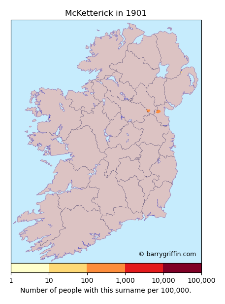 MACKETTERICK Surname Map in Irish in 1901