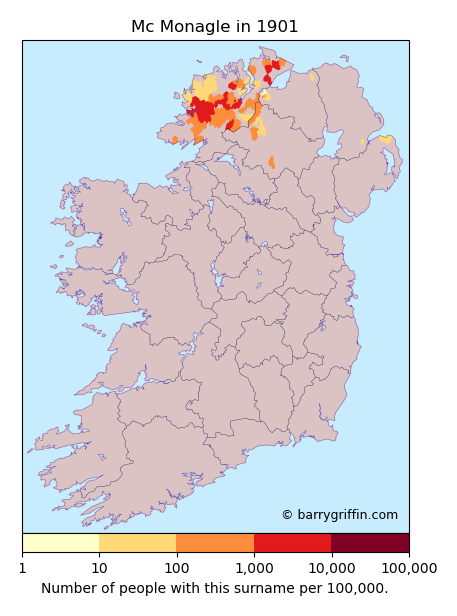 MACMONAGLE Surname Map in Irish in 1901