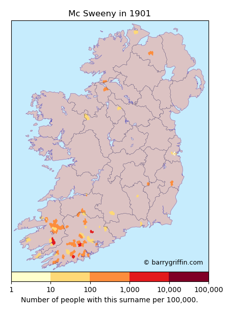 MACSWEENY Surname Map in Irish in 1901