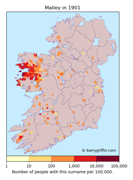 MALLEY Surname Map in Irish in 1901