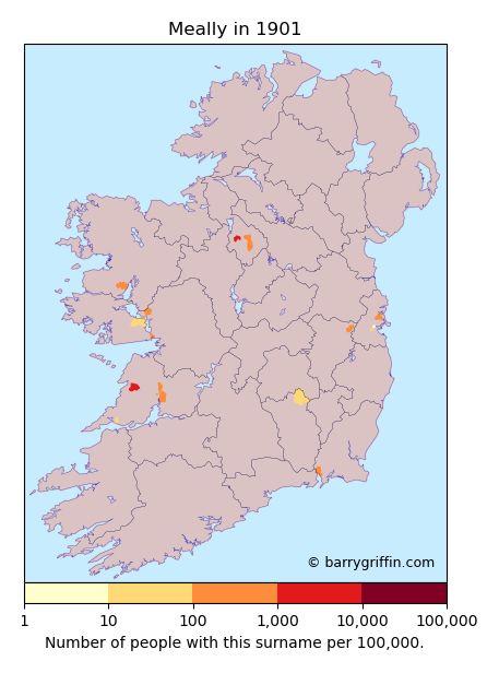 MEALLY Surname Map in Irish in 1901