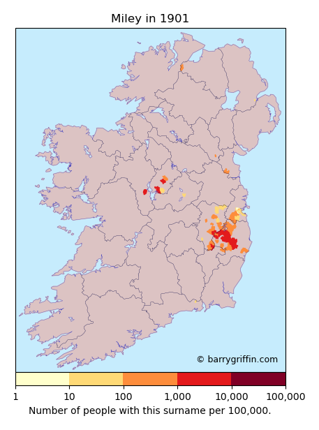 MILEY Surname Map in Irish in 1901