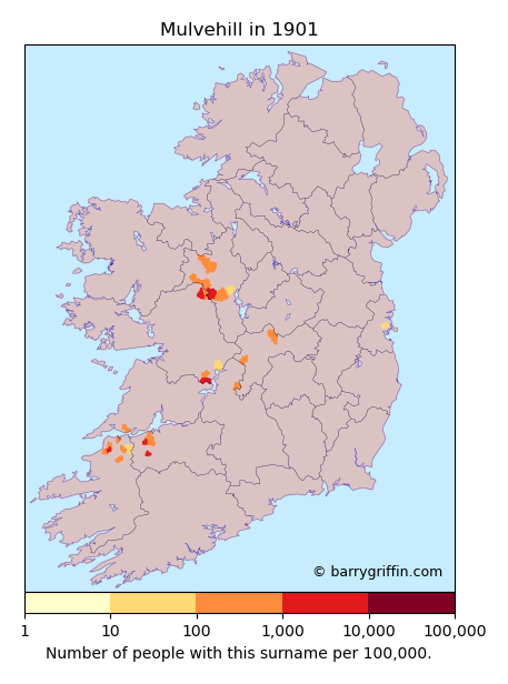 MULVEHILL Surname Map in Irish in 1901