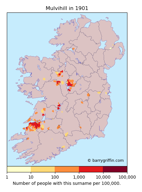 MULVIHILL Surname Map in Irish in 1901