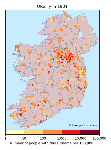 OREILLY Surname Map in Irish in 1901