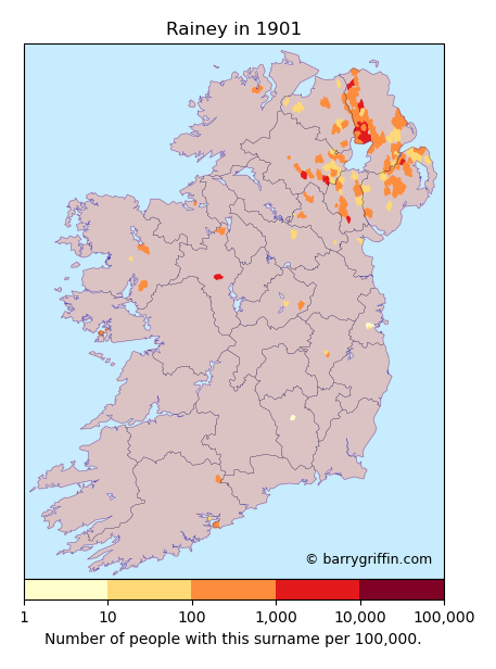 RAINEY Surname Map in Irish in 1901