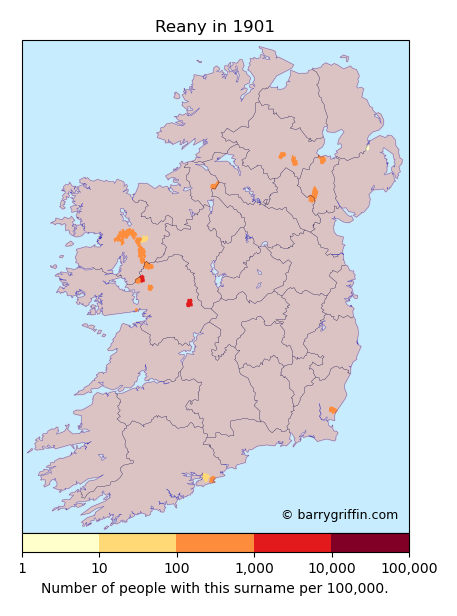 REANY Surname Map in Irish in 1901