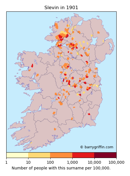 SLEVIN Surname Map in Irish in 1901