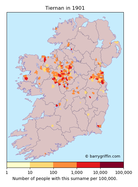 TIERNAN Surname Map in Irish in 1901