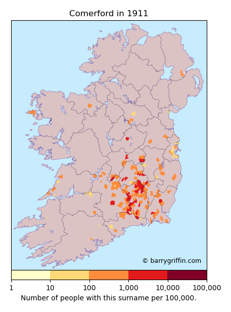 COMERFORD Surname Map in Irish in 1911