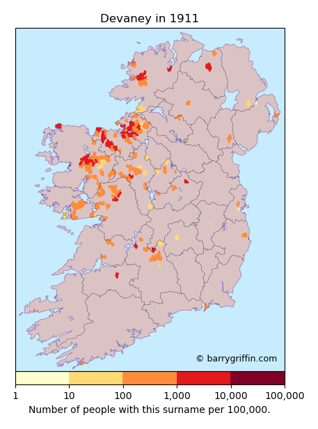 DEVANEY Surname Map in Irish in 1911