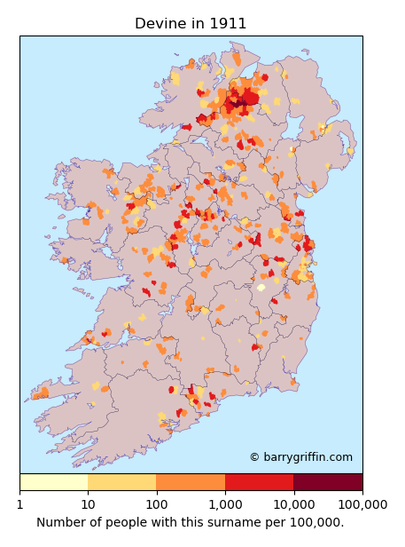 DEVINE Surname Map in Irish in 1911