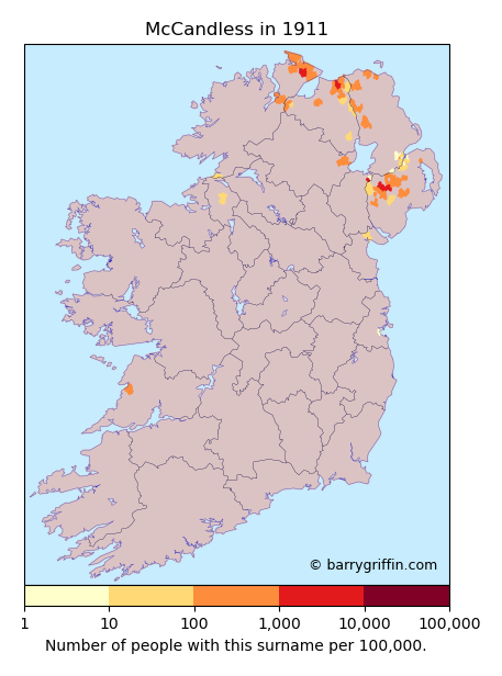 MACCANDLESS Surname Map in Irish in 1911