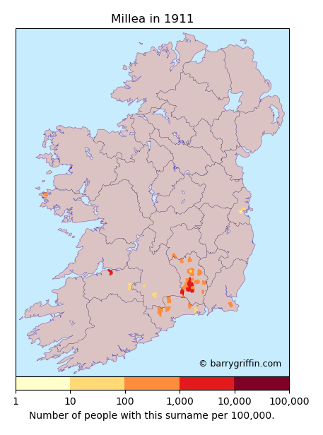 MILLEA Surname Map in Irish in 1911