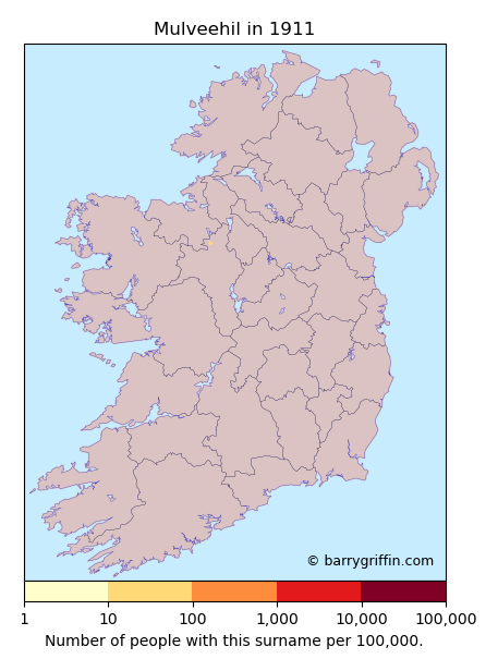 MULVEEHIL Surname Map in Irish in 1911