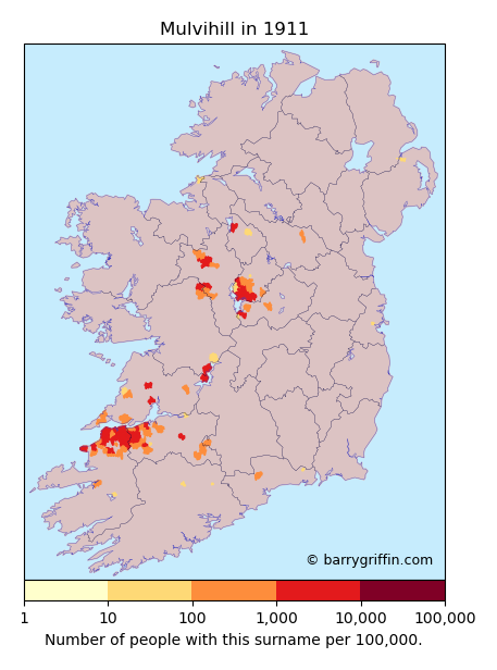 MULVIHILL Surname Map in Irish in 1911