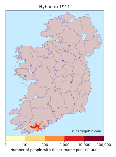 NYHAN Surname Map in Irish in 1911