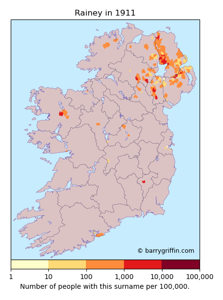 RAINEY Surname Map in Irish in 1911