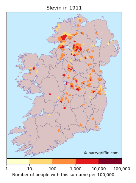 SLEVIN Surname Map in Irish in 1911