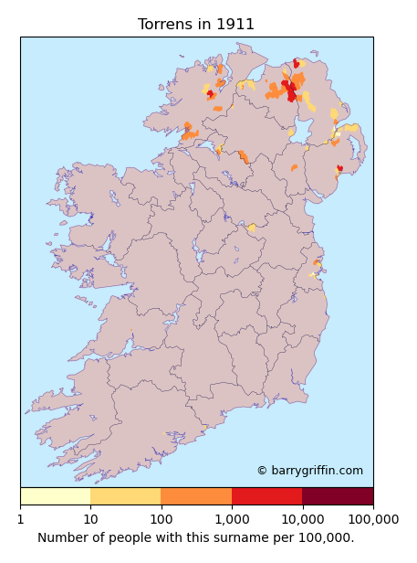 TORRENS Surname Map in Irish in 1911