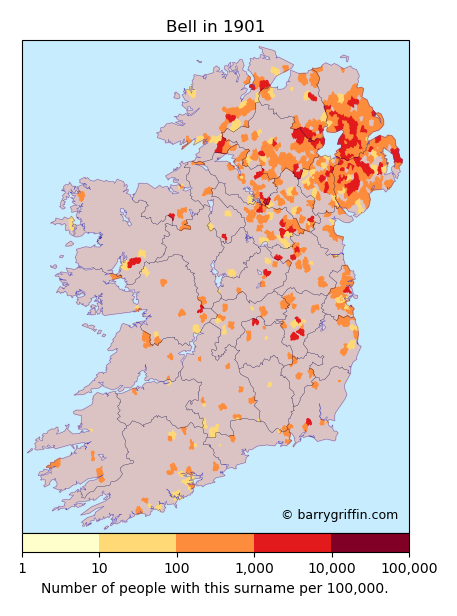 BELL Surname Map in Ireland in 1901