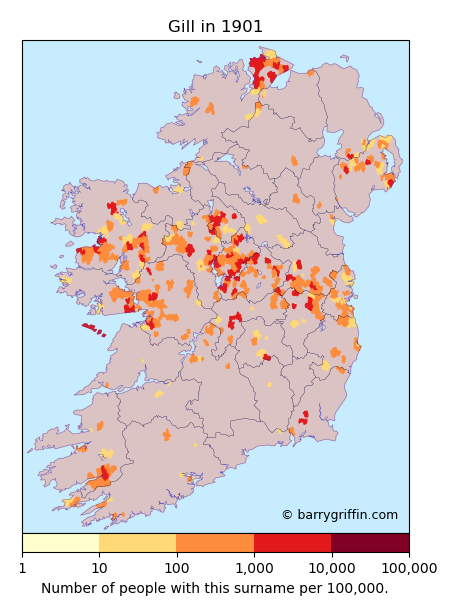 GILL Surname Map in Ireland in 1901