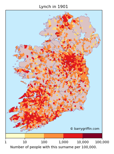 LYNCH surname distribution map Ireland 1901 census