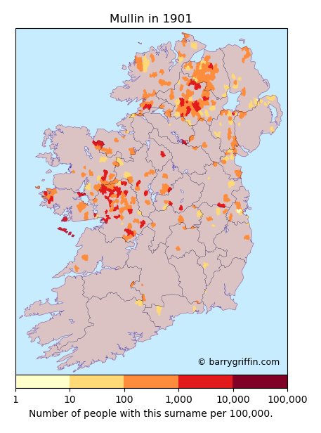 MULLIN Surname Map in 1901