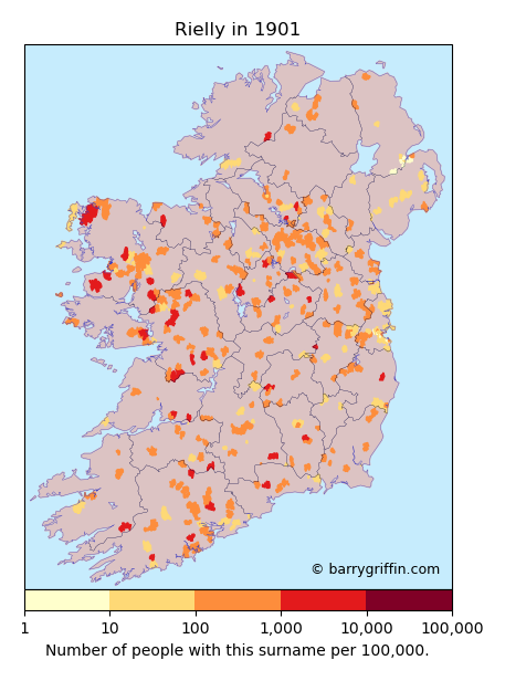 RIELLY Surname Map in Ireland in 1901