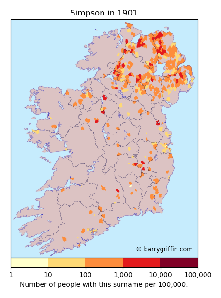 SIMPSON Surname Map in 1901