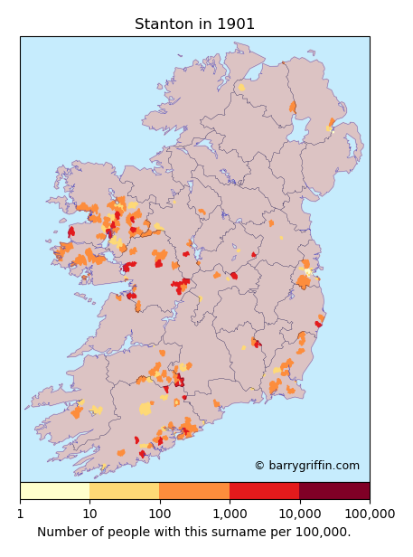 STANTON Surname Map in Ireland in 1901