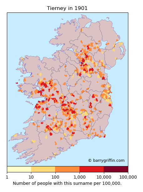 TIERNEY Surname Map in 1901