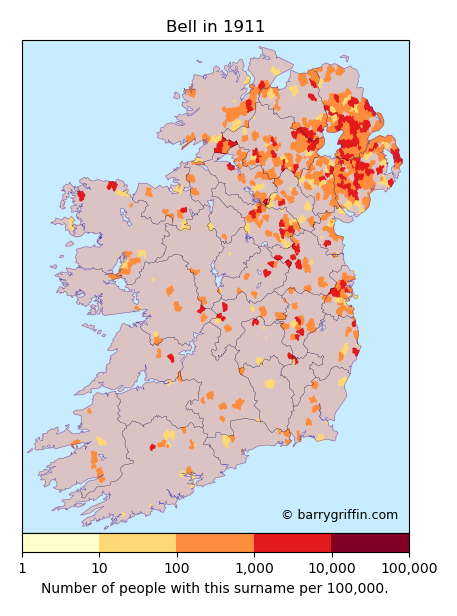 BELL Surname Map in Ireland in 1911