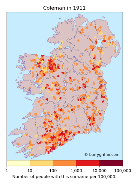 COLEMAN surname distribution map Ireland 1911 census
