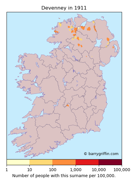 DEVENNEY Surname Map in Ireland in 1911