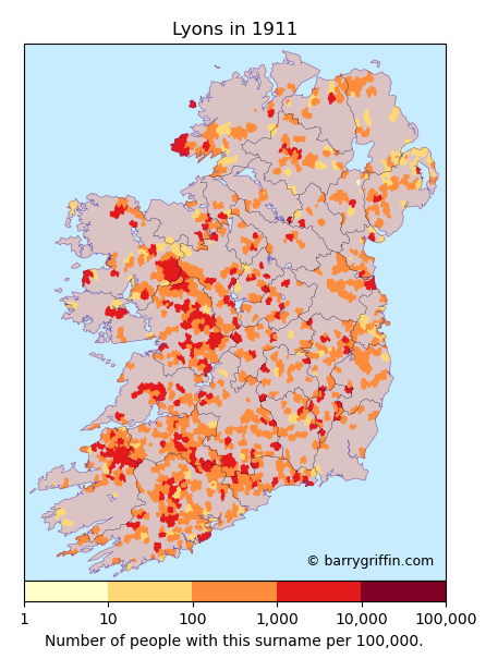 LYONS surname distribution map Ireland 1911 census
