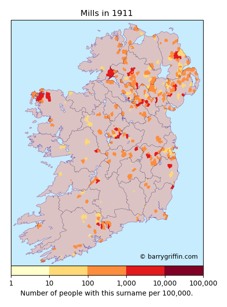 MILLS Surname Map in 1911
